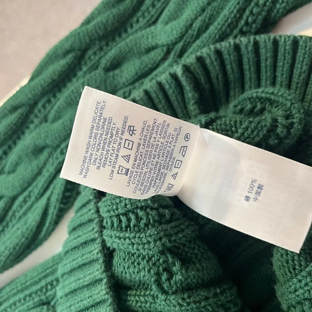 Lands End Cable Knit Cotton Fisherman Sweater Hunter Green Womens MP Snug Fit